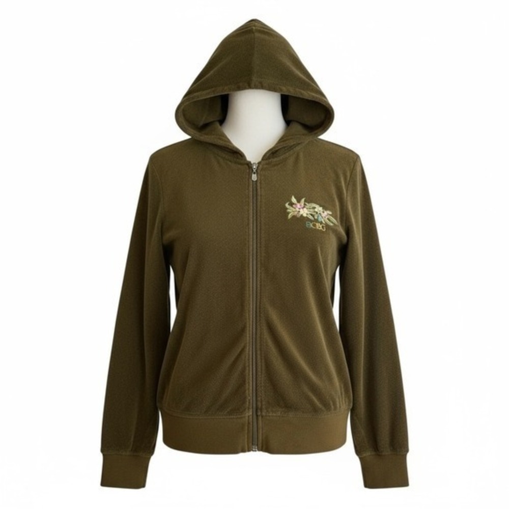 Y2K BCBGMAXAZRIA Olive Green Velour Hoodie Jacket Floral Bird Embroidery Large - Picture 1 of 7